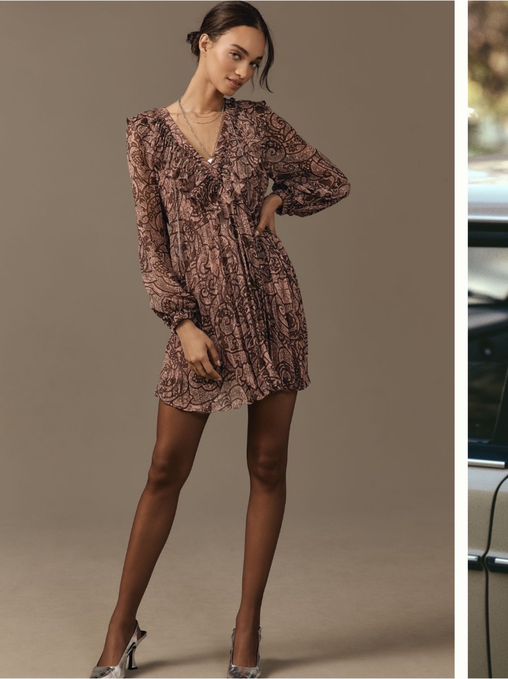 Anthropologie Mauve Paisley Ruffle-Trim Long Sleeve Dress